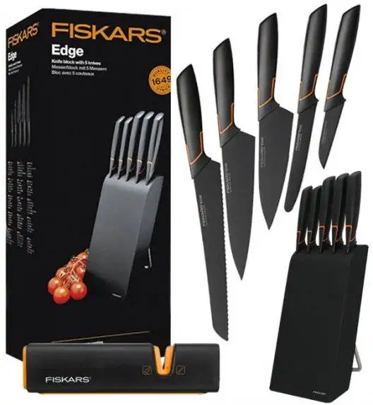 FISKARS EDGE 1003099+1003098 Zestaw 5 noży kuchennych w bloku czarnym / stal 420J2 / czarne ostrza + OSTRZAŁKA Edge 