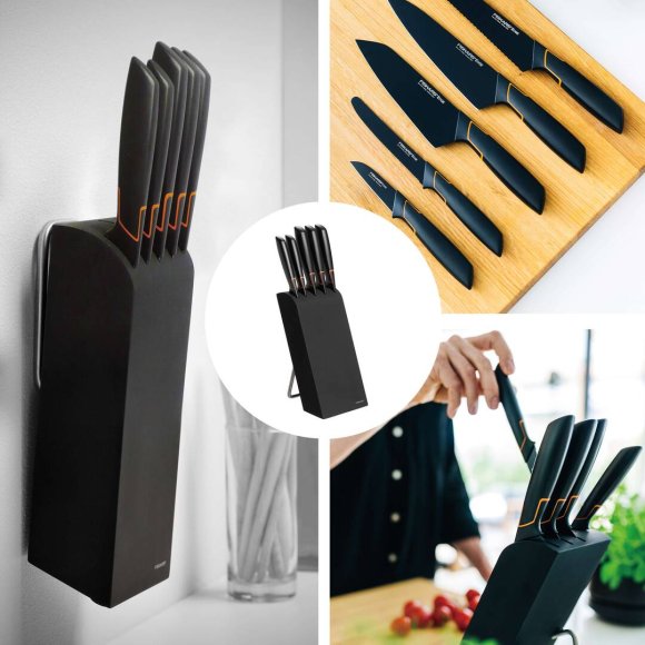 FISKARS EDGE 1003099+1003098 Zestaw 5 noży kuchennych w bloku czarnym / stal 420J2 / czarne ostrza + OSTRZAŁKA Edge 