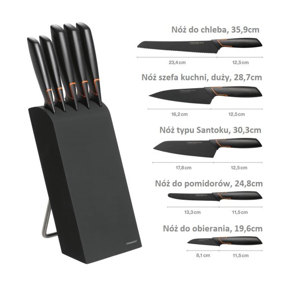 FISKARS EDGE 1003099+1003098 Zestaw 5 noży kuchennych w bloku czarnym / stal 420J2 / czarne ostrza + OSTRZAŁKA Edge 