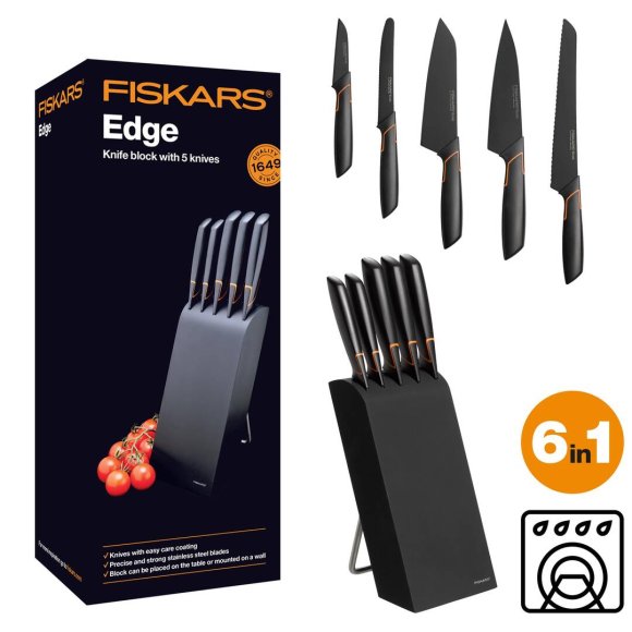 FISKARS EDGE 1003099+1003098 Zestaw 5 noży kuchennych w bloku czarnym / stal 420J2 / czarne ostrza + OSTRZAŁKA Edge 