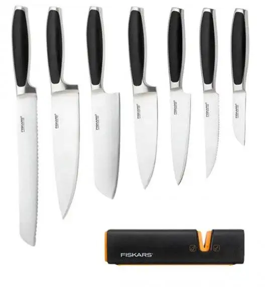 FISKARS ROYAL FSRL3 Komplet 7 noży kuchennych / stal nierdzewna + Ostrzałka Fiskars Edge Roll - Sharp