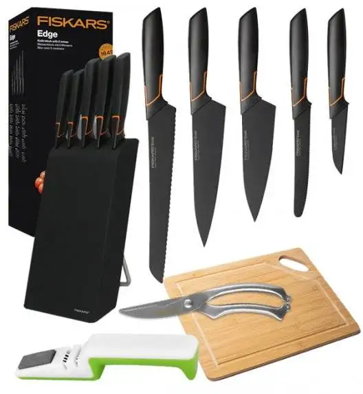 FISKARS EDGE 1003099 Zestaw 5 noży kuchennych w bloku czarnym / stal 420J2 / czarne ostrza + ostrzałka uniwersalna biało-zielona+ Deska bambusowa + nożyce całostalowe