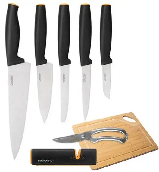 FISKARS FUNCTIONAL FORM FFL5+L8 Komplet 5 noży kuchennych + ostrzałka Edge + deska drewniana + nożyce stalowe / stal nierdzewna
