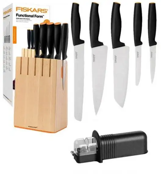 FISKARS FUNCTIONAL FORM 1014211 Komplet 5 noży kuchennych w drewnianym bloku + ostrzałka uniwersalna / stal nierdzewna / rękojeść Softgrip®