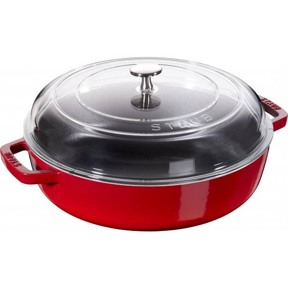 STAUB Patelnia żeliwna z pokrywką / Ø 28 cm / 3,7 l / czerwony, transparentny / żeliwo,szkło