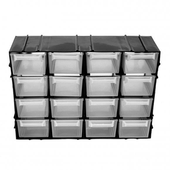 HEGA Organizer warsztatowy z szufladkami / 15 x 8 x 21,5 cm / czarny, transparentny / tworzywo sztuczne