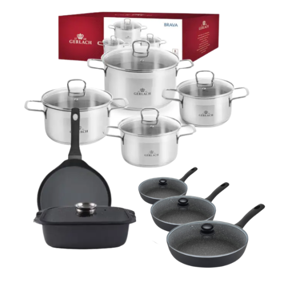GERLACH BRAVA Komplet Garnki z pokrywkami 8 el + patelnie Gerlach Granitex 20, 24, 28 cm + pokrywki uniwersalne + Brytfanna Granitex 32 cm + Patelnia naleśnikowa