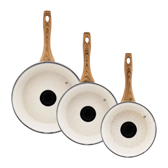 AMBITION NATURE Komplet patelni z powłoką nieprzywierającą Ø20+24+28 cm + pokrywki uniwersalne