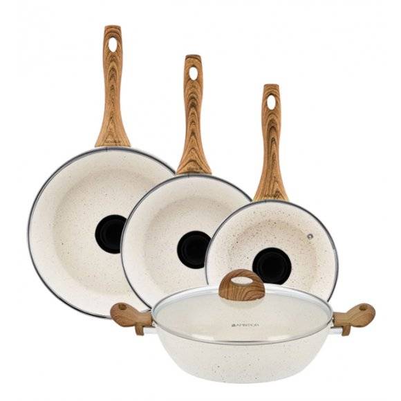 AMBITION NATURE Komplet patelni z powłoką nieprzywierającą Ø20+24+28 cm +pokrywki uniwersalne+ patelnia głęboka 28 cm / indukcja