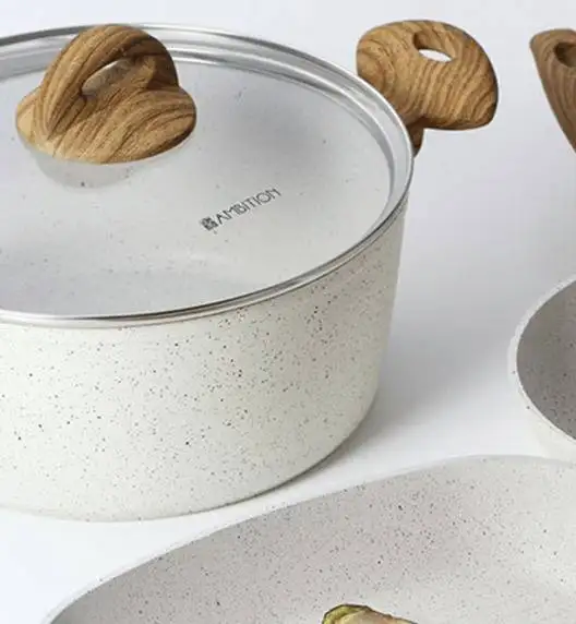 AMBITION NATURE Komplet patelni z powłoką nieprzywierającą Ø20+28 cm +pokrywki uniwersalne+ patelnia głęboka 28 cm