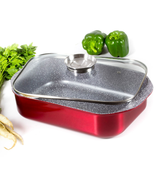 AMBITION JASPER Komplet patelni (20, 24, 28) cm + Brytfanna / nieprzywierająca powłoka Qualum Basic Stone Edition  / czerwone