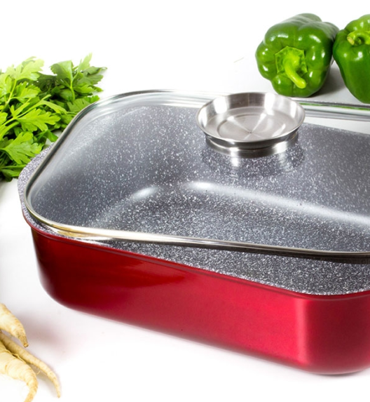 AMBITION JASPER Komplet patelni (20, 24, 28) cm + Brytfanna / nieprzywierająca powłoka Qualum Basic Stone Edition  / czerwone