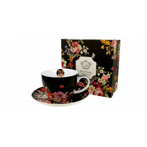 DUO VINTAGE FLOWERS BLACK Filiżanka ze spodkiem 450 ml / porcelana