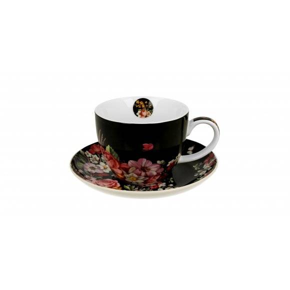 DUO VINTAGE FLOWERS BLACK Filiżanka ze spodkiem 450 ml / porcelana