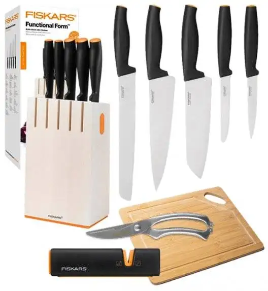 FISKARS FUNCTIONAL FORM 1014209 Komplet 5 noży kuchennych w białym bloku + OSTRZAŁKA EDGE + Deska drewniana + Nożyce do drobiu / stal nierdzewna / rękojeść Softgrip®