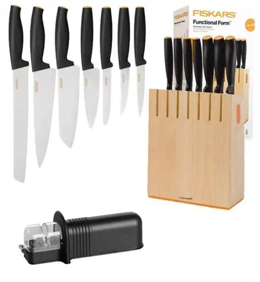 FISKARS FUNCTIONAL FORM 1018781 Komplet 7 noży kuchennych w bloku drewnianym + OSTRZAŁKA uniwersalna / Rękojeść Softgrip®
