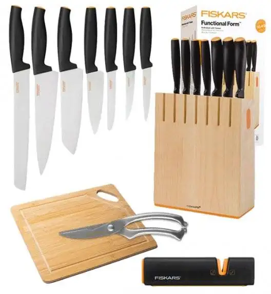 FISKARS FUNCTIONAL FORM 1018781 Komplet 7 noży kuchennych w bloku drewnianym + OSTRZAŁKA Edge + deska drewniana + nożyce do drobiu / Rękojeść Softgrip®
