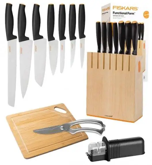 FISKARS FUNCTIONAL FORM 1018781 Komplet 7 noży kuchennych w bloku drewnianym + OSTRZAŁKA uniwersalna + deska drewniana + nożyce do drobiu / Rękojeść Softgrip®
