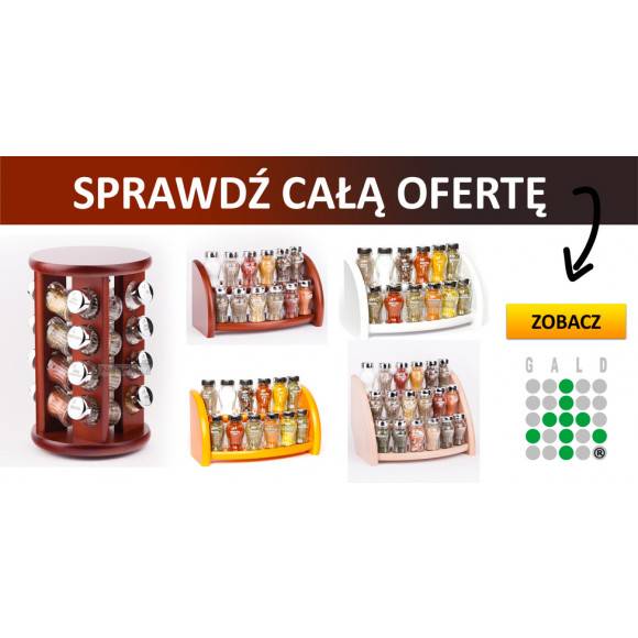 WYPRZEDAŻ! Gald półka drewniana w kolorze białym z 6 przyprawami / Nakrętki mat / Polski produkt / EAN 5904006098892.