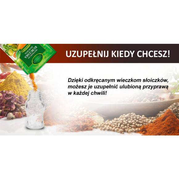 WYPRZEDAŻ! Gald półka drewniana w kolorze białym z 6 przyprawami / Nakrętki mat / Polski produkt / EAN 5904006098892.