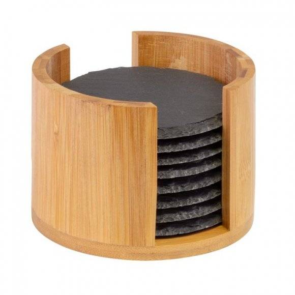 WESTMARK Zestaw podkładek w pudełku / Ø 10 cm / 9 elementów / łupek + drewno