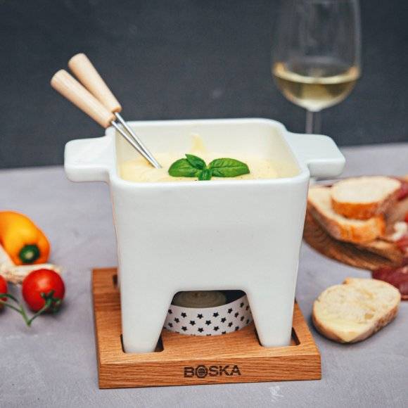 BOSKA BIANCO L Zestaw fondue 600 ml / ceramika + drewno dębowe / LENA