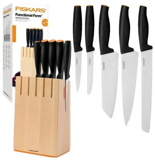 FISKARS FUNCTIONAL FORM 1014211 Komplet 5 noży kuchennych w drewnianym bloku / stal nierdzewna / rękojeść Softgrip®