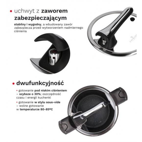 ZWIEGER PRACTI PLUS Garnek niskociśnieniowy 6,5 L + pokrywka 24 cm / indukcja / powłoka granitowa PFLUON