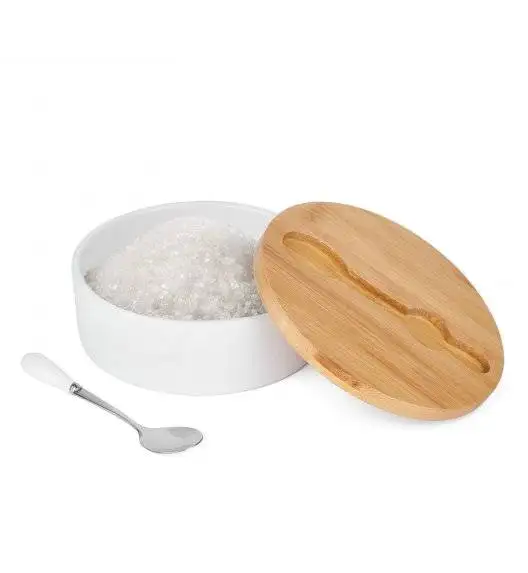 TADAR Ceramiczna cukiernica z bambusową pokrywą + łyżeczka / biała / 400 ml