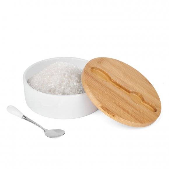 TADAR Ceramiczna cukiernica z bambusową pokrywą + łyżeczka / biała / 400 ml