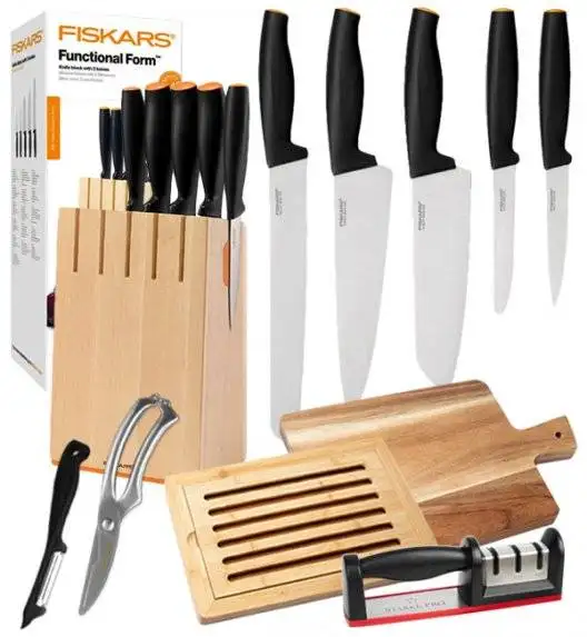 FISKARS FUNCTIONAL FORM 1014211 Komplet 5 noży kuchennych w drewnianym bloku / stal nierdzewna / rękojeść Softgrip® +deska akacjowa + deska bambusowa + ostrzałka + nożyce + obierak