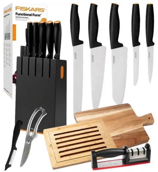 FISKARS FUNCTIONAL FORM Komplet 5 noży kuchennych w czarnym bloku drewnianym / stal nierdzewna / rękojeść Softgrip® +deska akacjowa + deska bambusowa + ostrzałka + nożyce + obierak