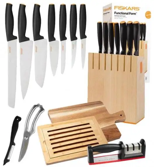 FISKARS FUNCTIONAL FORM 1018781 Komplet 7 noży kuchennych w bloku drewnianym / Rękojeść Softgrip® +deska akacjowa + deska bambusowa + ostrzałka + nożyce + obierak