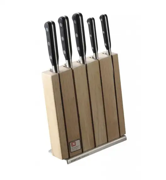 RICHARDSON SABATIER TROMPETTE Komplet 5 noży w bloku drewnianym + deska akacjowa + deska bambusowa + ostrzałka + nożyce + obierak