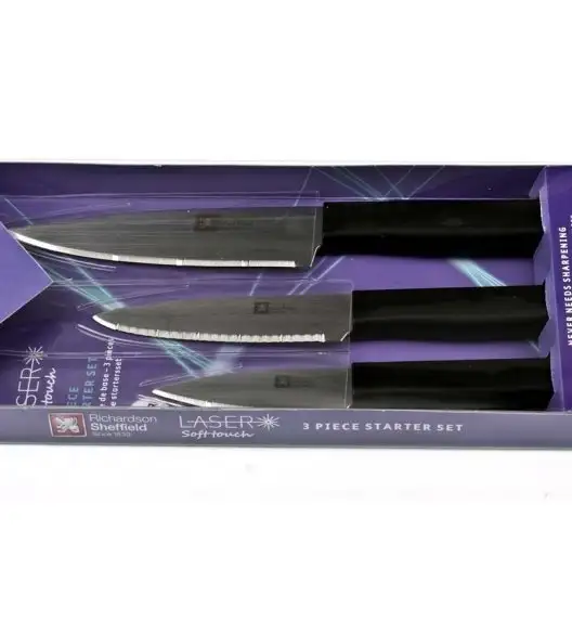 Noże kuchenne Richardson Sheffield Laser Soft Touch 3 szt. w blistrze. Ostrzone laserowo.