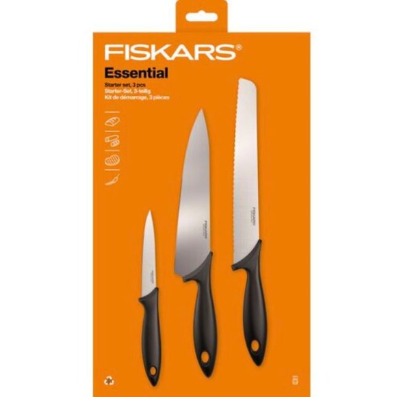 FISKARS ESSENTIAL Zestaw 3 noży kuchennych / stal nierdzewna HRC 53