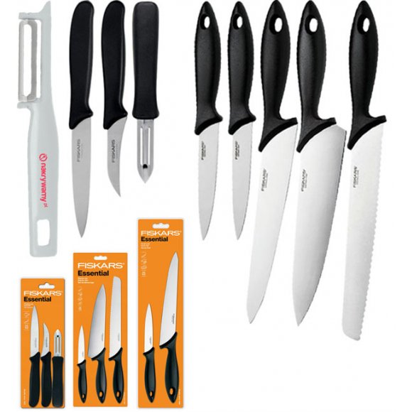 FISKARS ESSENTIAL Komplet 8 noży (kuchenne +Szefa+do obierania) stal nierdzewna HRC 53 + GRATIS! OBIERAK DO WARZYW