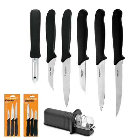 FISKARS ESSENTIAL 1023785+1024162 Zestaw 6 noży (do warzyw i do obierania) / stal nierdzewna HRC 53 + ostrzałka uniwersalna NN