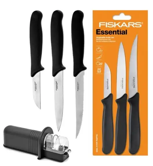 FISKARS ESSENTIAL 1023785 Zestaw 3 noży warzyw / stal nierdzewna+ ostrzałka uniwersalna