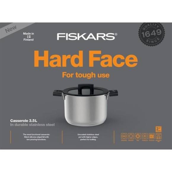 FISKARS HARD FACE STEEL Komplet 3 garnków z pokrywkami + patelnia szefa kuchni z pokrywką 26 cm / stal nierdzewna