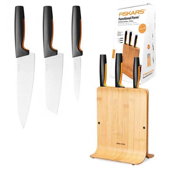 FISKARS FUNCTIONAL FORM 1057553 Komplet 3 noży w bloku bambusowym + ostrzałka Fiskars Edge