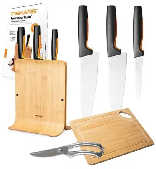 FISKARS FUNCTIONAL FORM 1057553 Komplet 3 noży w bloku bambusowym + nożyce + deska