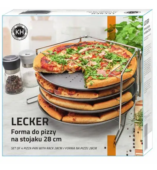 KONIGHOFFER LECKER Komplet 4 form do pizzy 28 cm na stojaku / stal węglowa