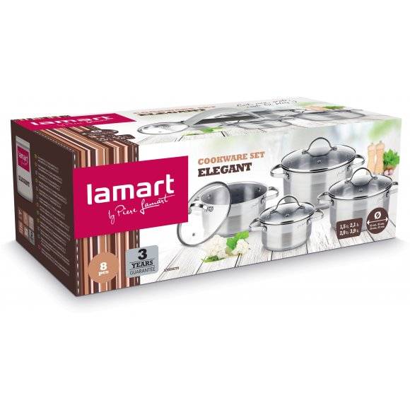 LAMART ELEGANT Komplet Garnki z pokrywkami 8 el / stal nierdzewna / LTSSSET8