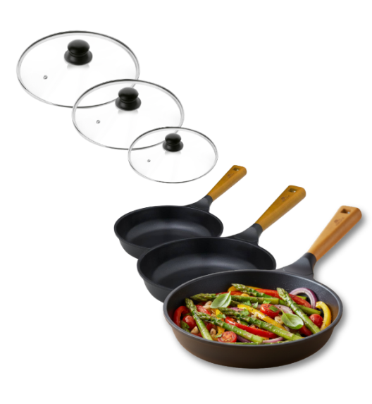 GERLACH NATUR Komplet patelni 20, 24, 28 cm z powłoką ceramiczną ILAG® Non-Stick Xera Dur 2 + pokrywki szklane 