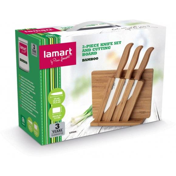 LAMART BAMBOO Zestaw 3 noży ceramicznych z blokiem + deska do krojenia / LT2056