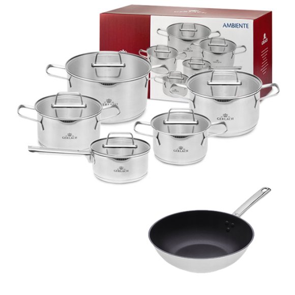 GERLACH AMBIENTE Komplet Garnki z pokrywkami 10 el + Wok Solid Lite 28 cm  / stal nierdzewna / indukcja