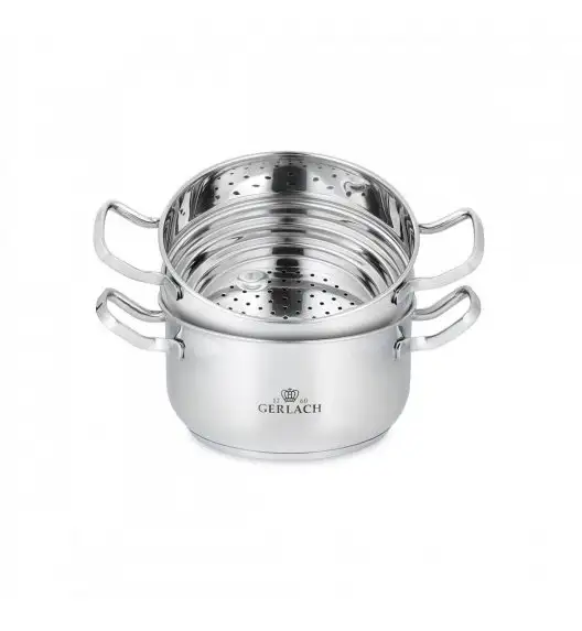 GERLACH SIMPLE Komplet Garnki z pokrywkami + wkład do gotowania na parze 9 el + Gerlach Harmony Patelnia naleśnikowa 26 cm + Patelnia Granitex 20, 24, 28 cm / Stal nierdzewna