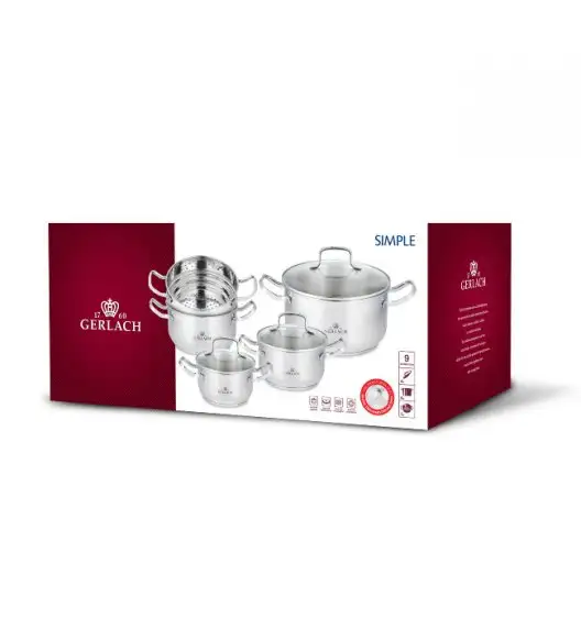 GERLACH SIMPLE Komplet Garnki z pokrywkami + wkład do gotowania na parze 9 el + Gerlach Harmony Patelnia naleśnikowa 26 cm + Patelnia Natur 20, 24, 28 cm / Stal nierdzewna