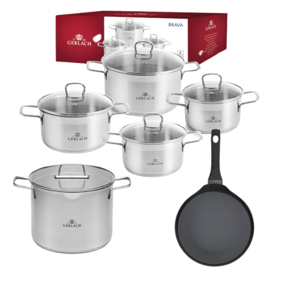 GERLACH BRAVA Komplet Garnki z pokrywkami 8 el + Patelnia naleśnikowa 26 cm Gerlach Harmony + Garnek 7 l 